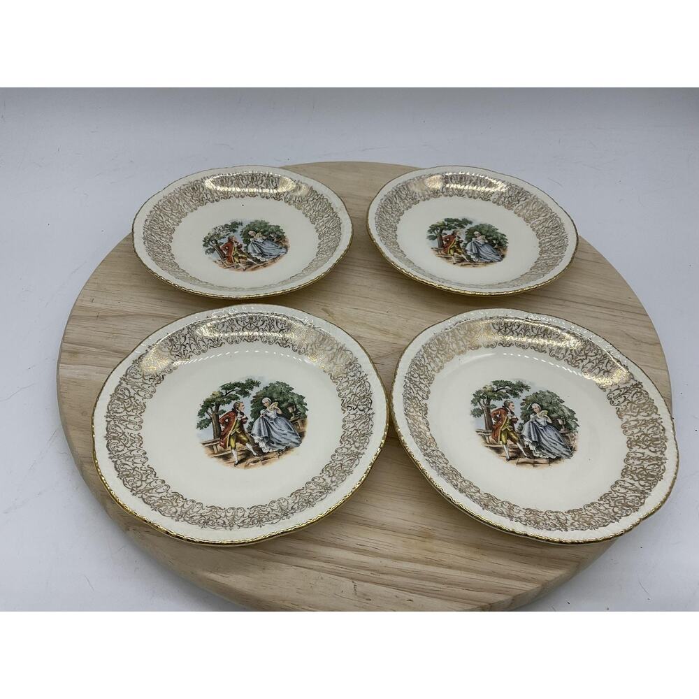 Homer‎ Laughlin Dessert Bowls Set 4 White Gold Courting Couple USA Scene Vintage